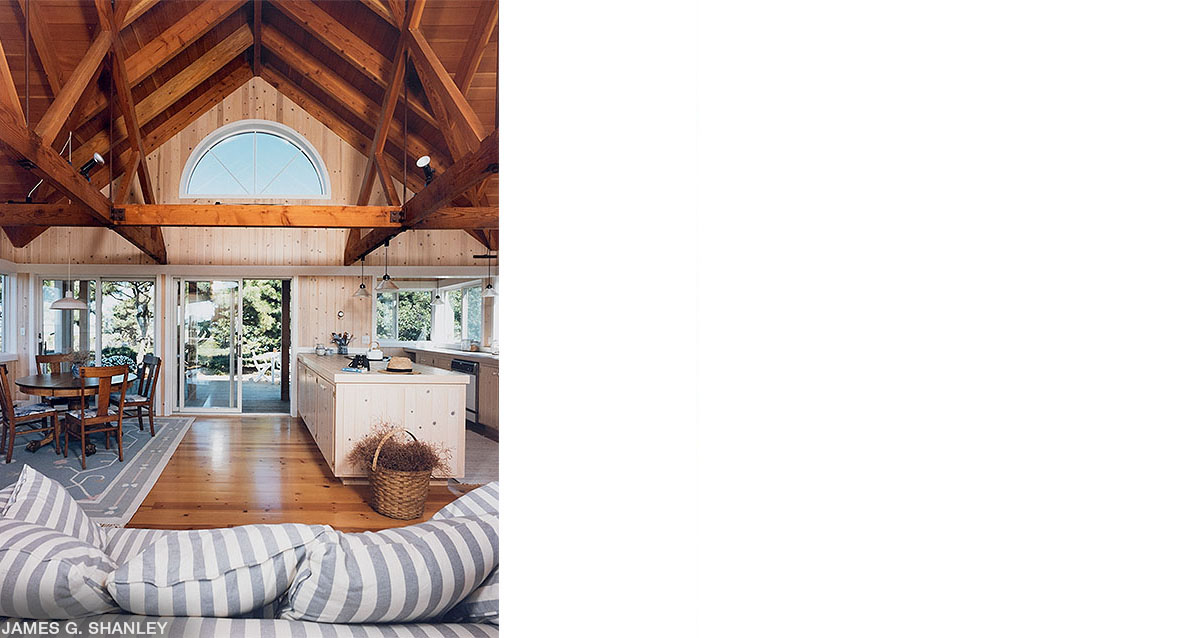 Natural-wood, barn-like truss, house, Wellfleet, Cape Cod, by Paul Krueger Architect